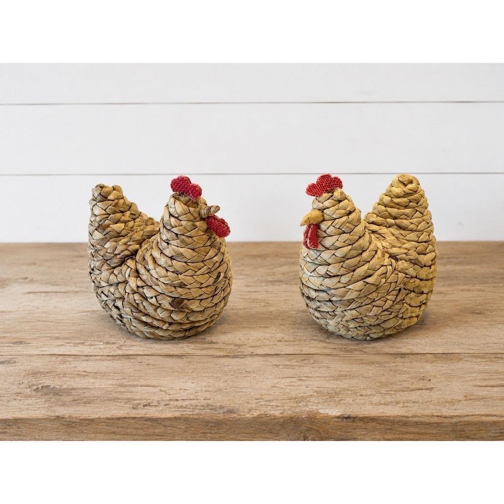 Braided Woven Straw Hen Pair Of 2 Farmhouse Table Decor